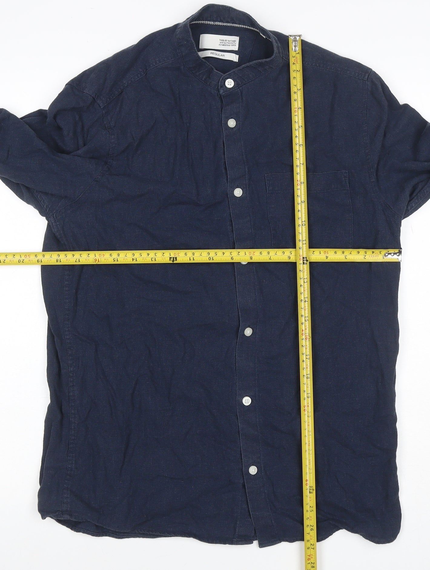 Regullar Men's Blue S Linen Blend Grandad Collar Long Sleeve Shirt