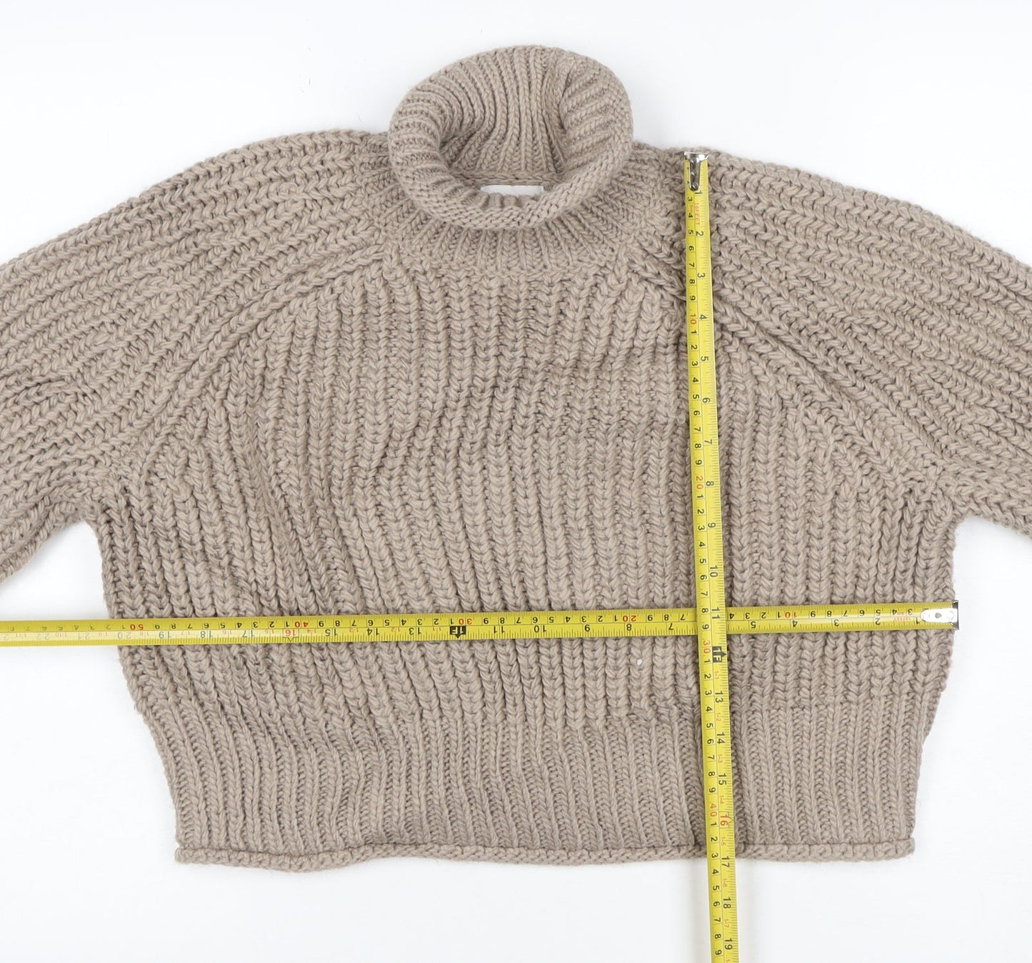 H&M Women Beige S Chunky Knit Roll Neck Raglan Jumper