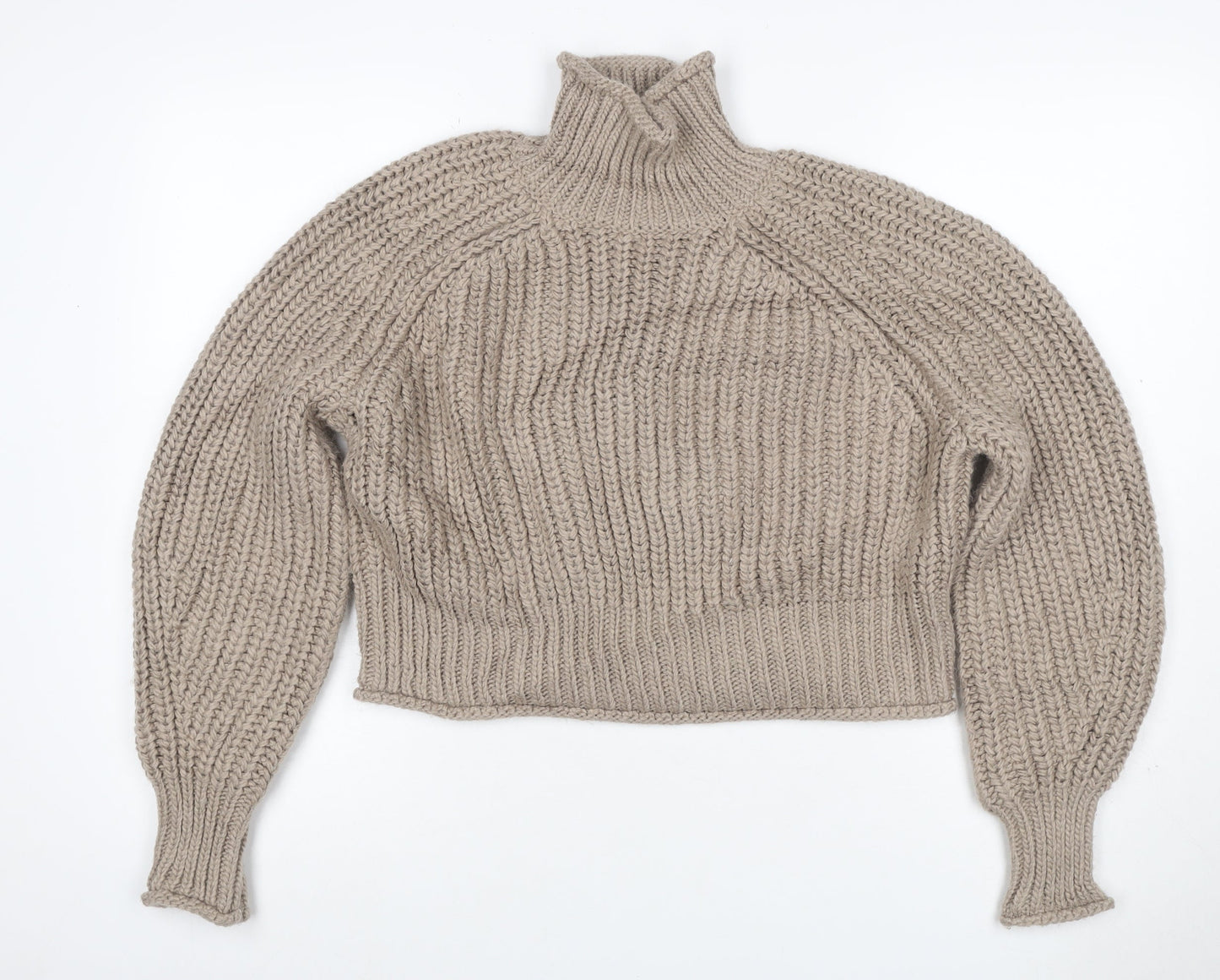 H&M Women Beige S Chunky Knit Roll Neck Raglan Jumper