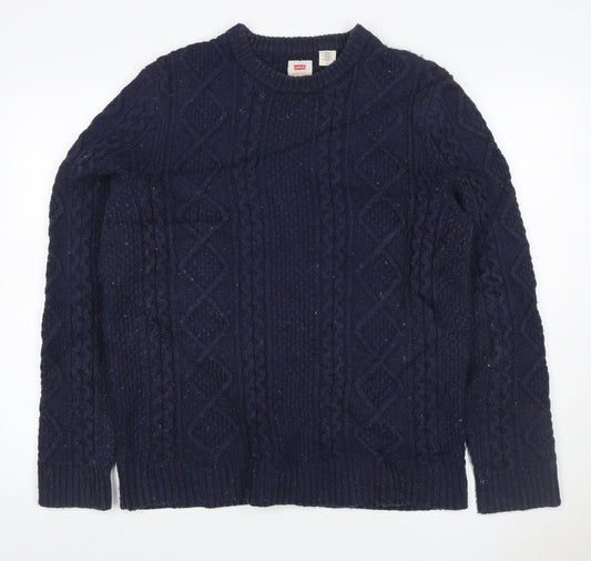 Levi's Men's Blue L Cable Knit Wool Blend Crew Neck Jumper