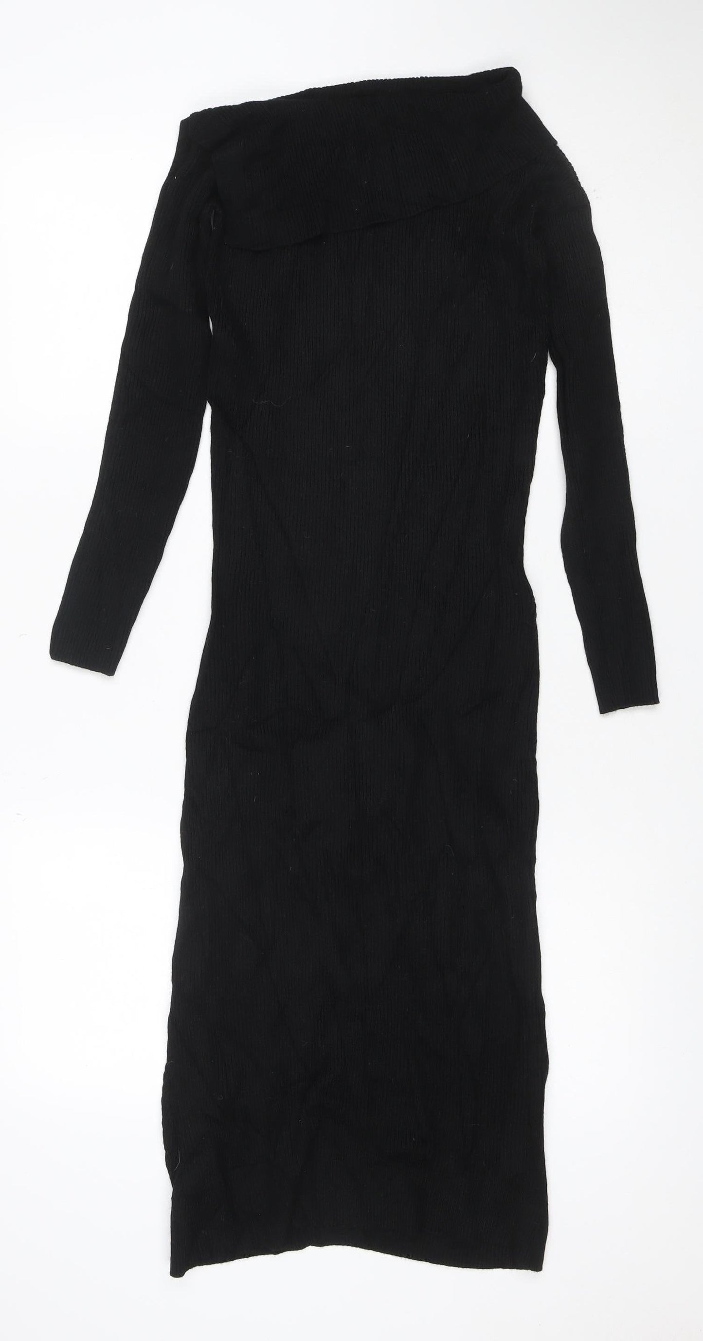 Guess Women’s Black UK 8 Rib Knit Roll Neck Jumper Dress Gold Buttons