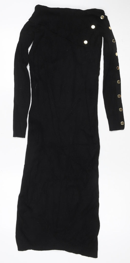 Guess Women’s Black UK 8 Rib Knit Roll Neck Jumper Dress Gold Buttons