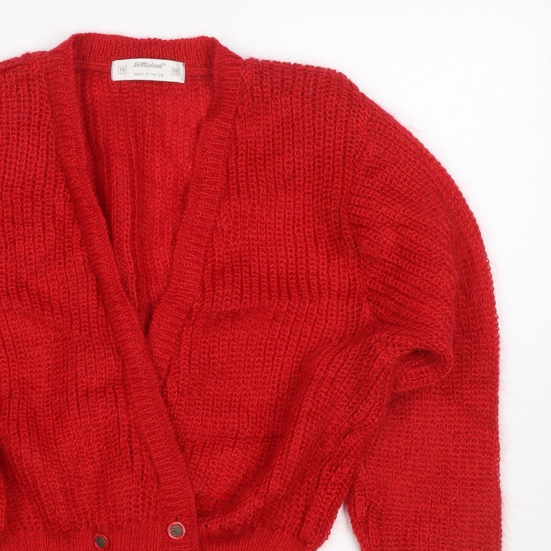 St Michael Women Red Size 10 Vintage Chunky Knit V-Neck Cardigan