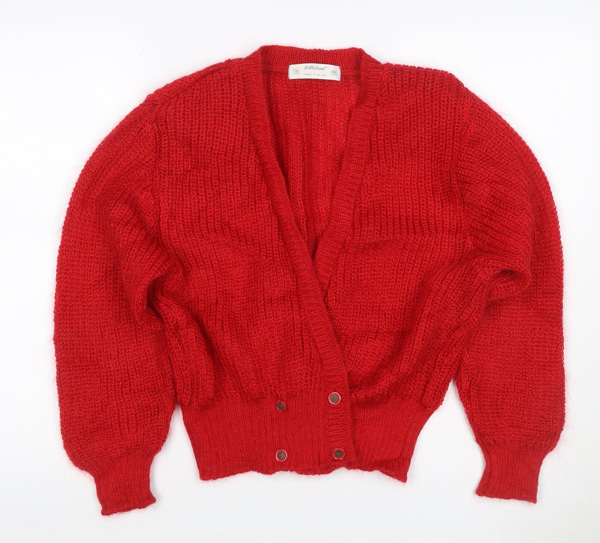 St Michael Women Red Size 10 Vintage Chunky Knit V-Neck Cardigan