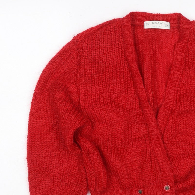 St Michael Women Red Size 10 Vintage Chunky Knit V-Neck Cardigan