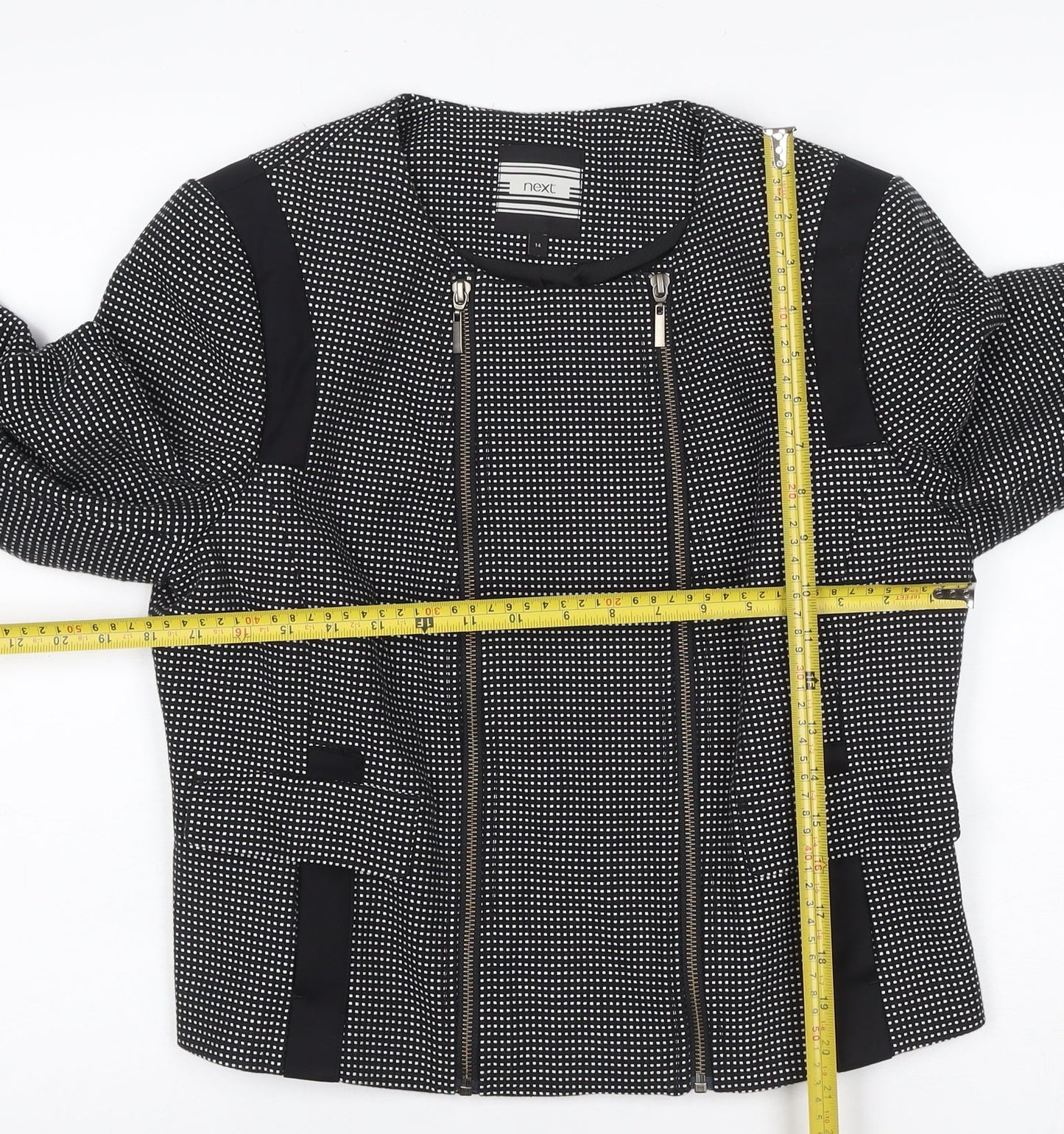 Next Women Black White Geometric Zip Cropped Jacket UK 14 Lined