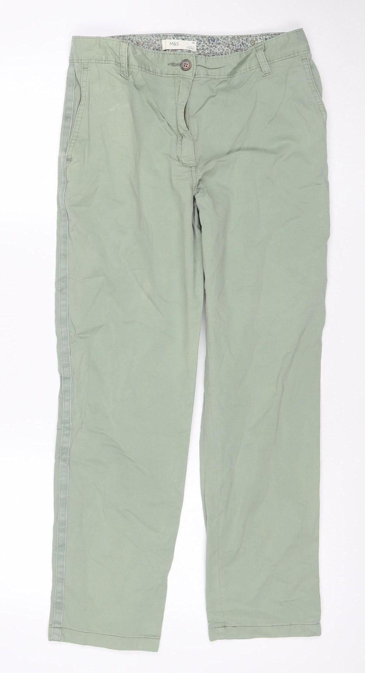 Marks & Spencer Women Green Size 10 Cotton Stretch Straight Trousers