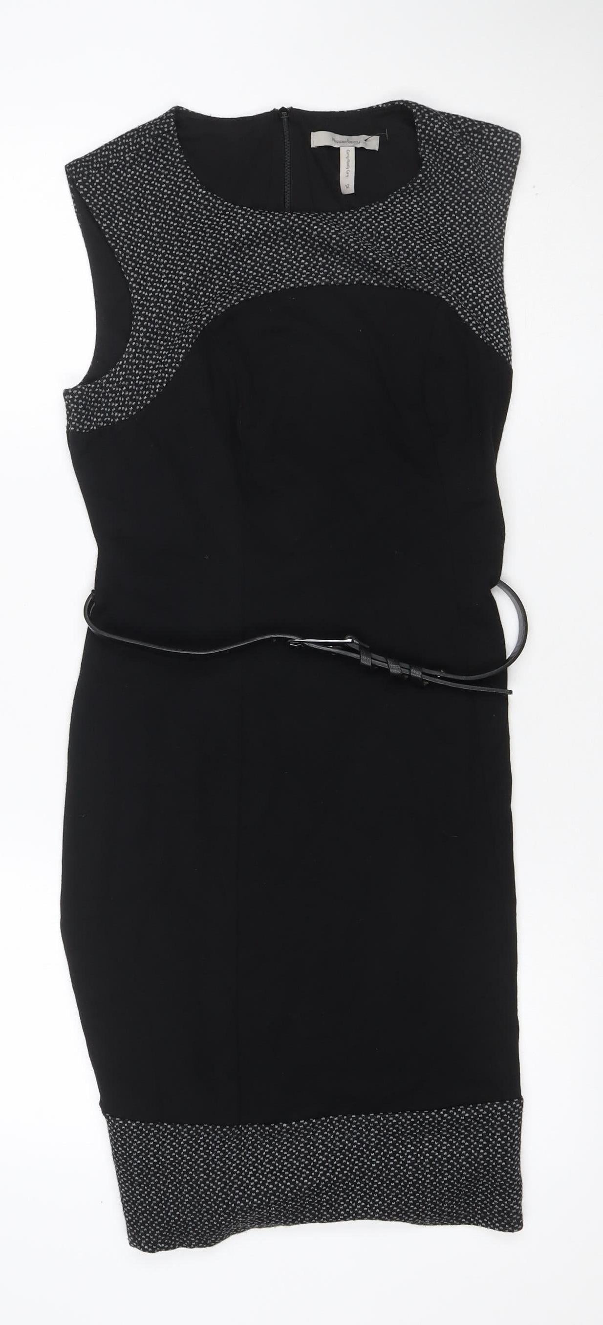 Pepperberry Women’s Black Grey Size 12 Fit & Flare Belted Knee Dress