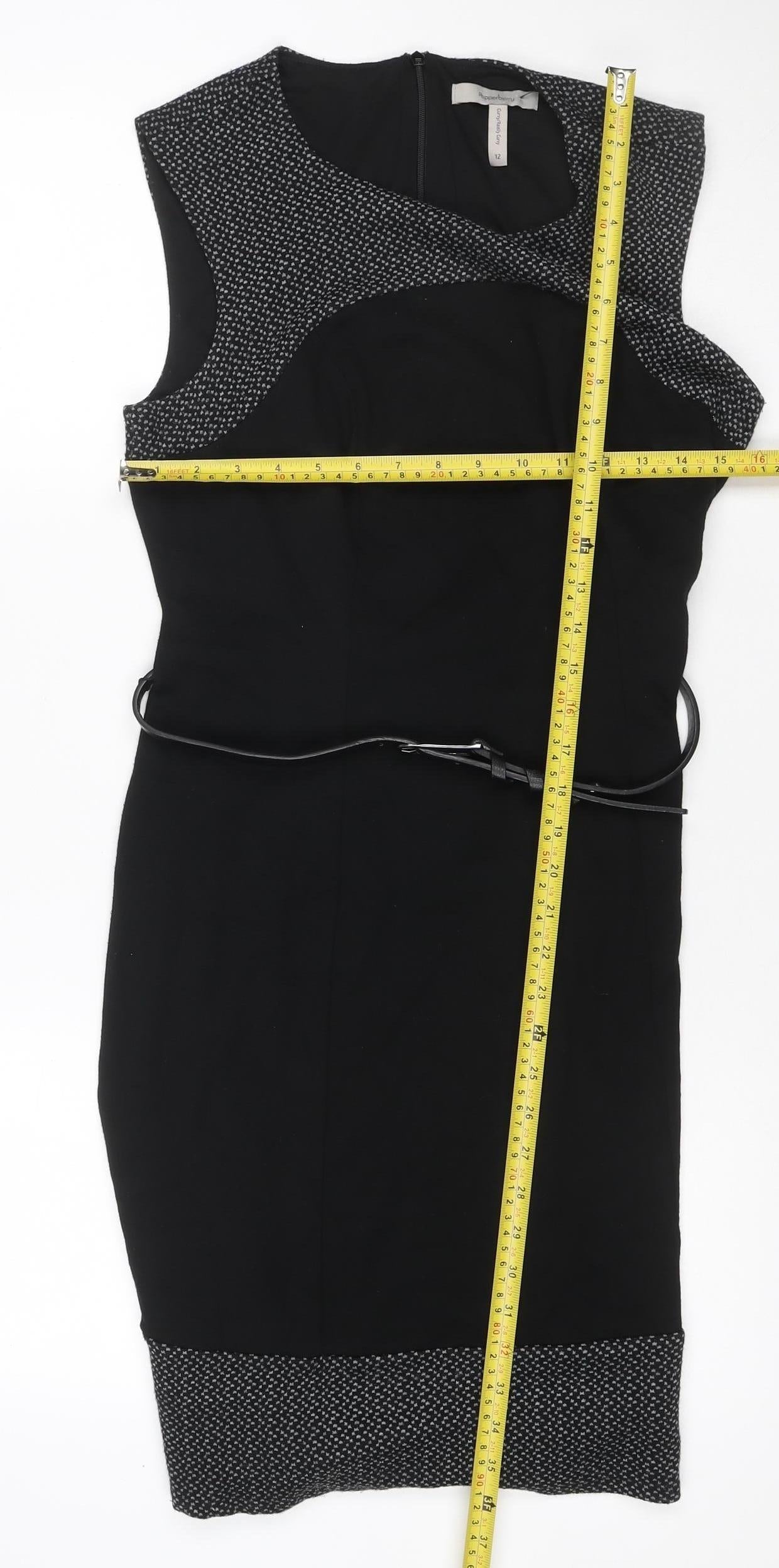 Pepperberry Women’s Black Grey Size 12 Fit & Flare Belted Knee Dress