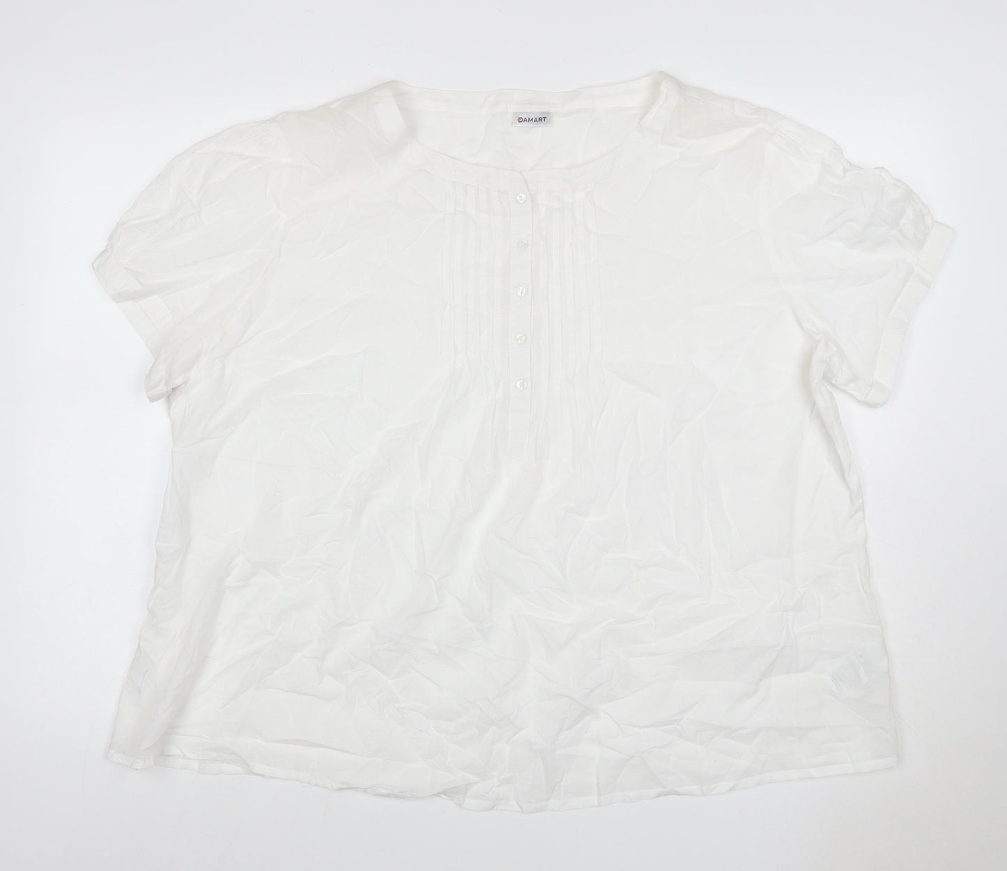 Damart Women White UK 18 Cotton Pleated Button Blouse Short Sleeve