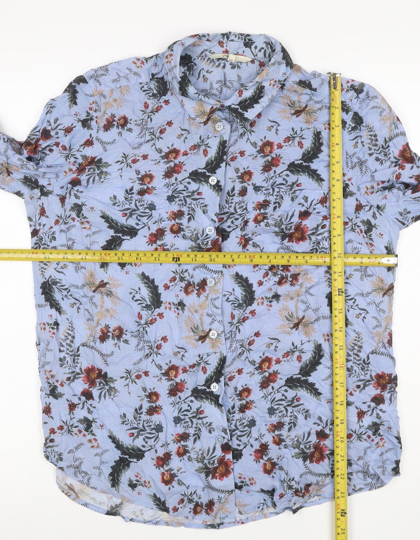 Next Women Blue UK 12 Floral Modal Button-Up Long Sleeve Shirt