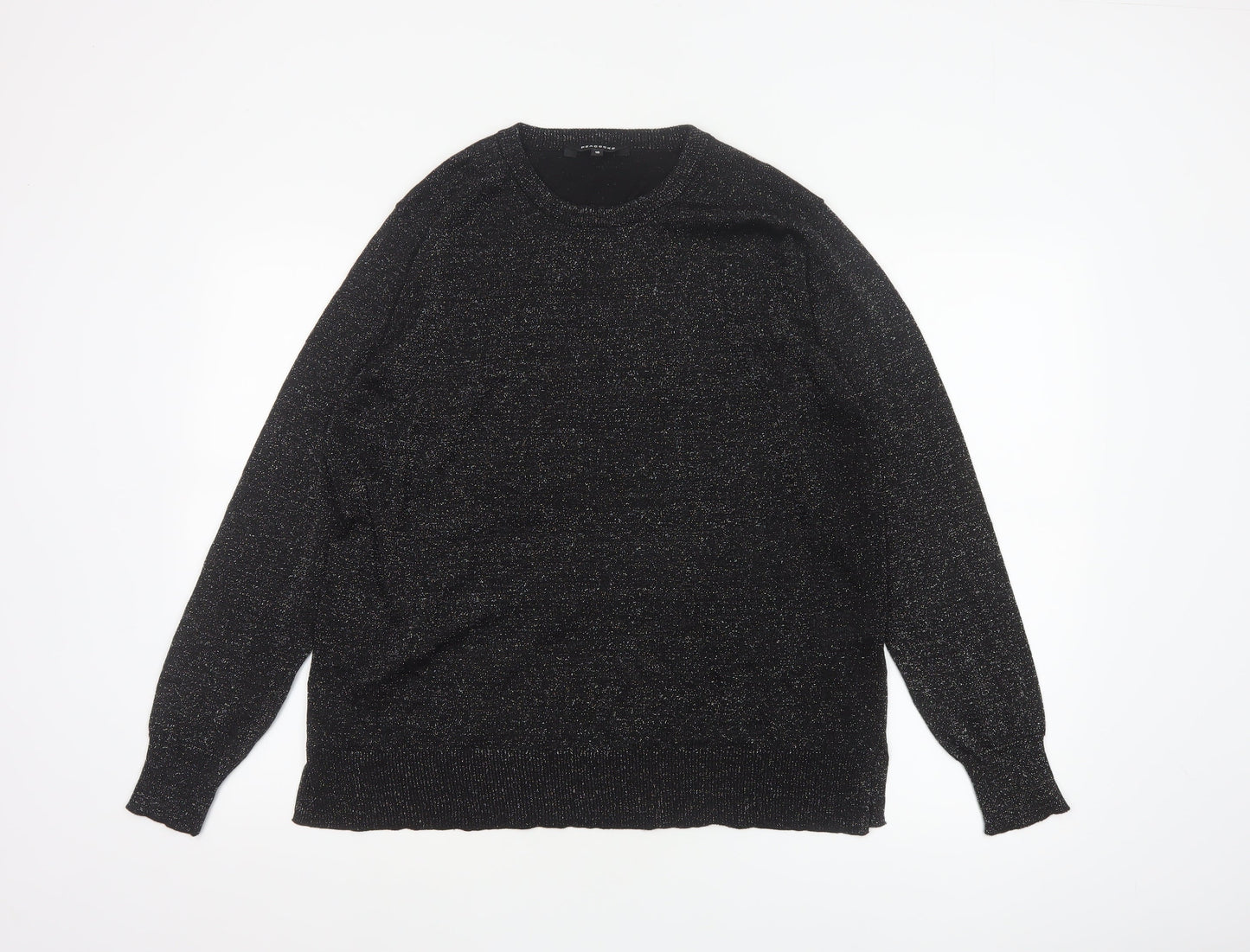 Peacocks Women Black Glitter Knit Jumper UK 16 Crew Neck Balloon Sleeve