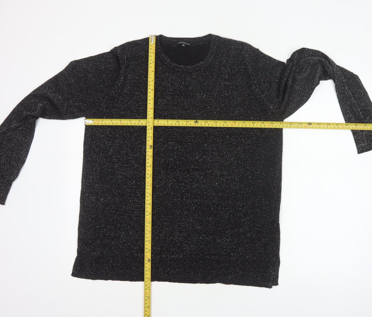 Peacocks Women Black Glitter Knit Jumper UK 16 Crew Neck Balloon Sleeve
