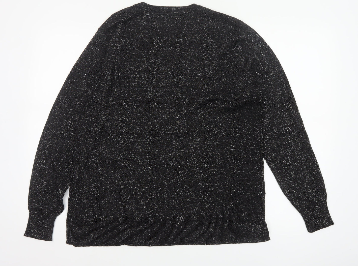 Peacocks Women Black Glitter Knit Jumper UK 16 Crew Neck Balloon Sleeve
