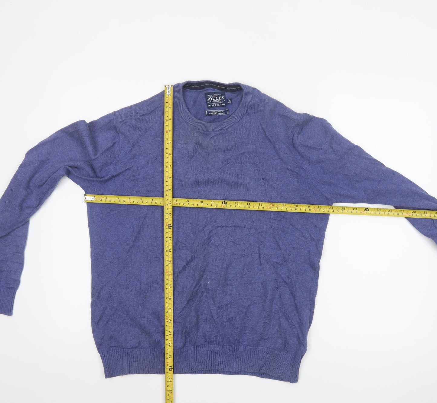 Joules Men Blue M Merino Wool Cotton Crew Neck Logo Pullover Jumper
