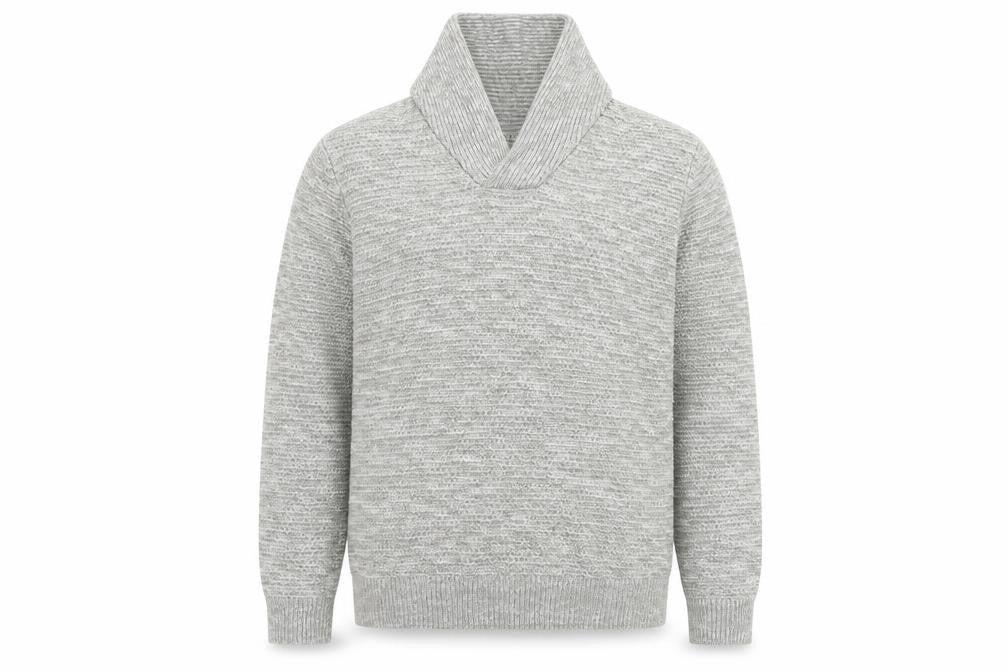 Front view of AW85 Men’s Grey Medium Shawl Collar Chunky Knit Acrylic Jumper