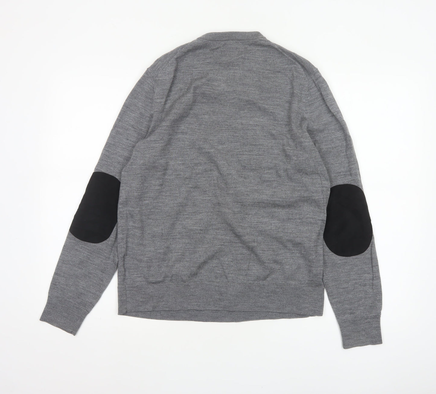 H&M Men Grey M Merino Wool V-Neck Pullover Jumper Elbow Patches