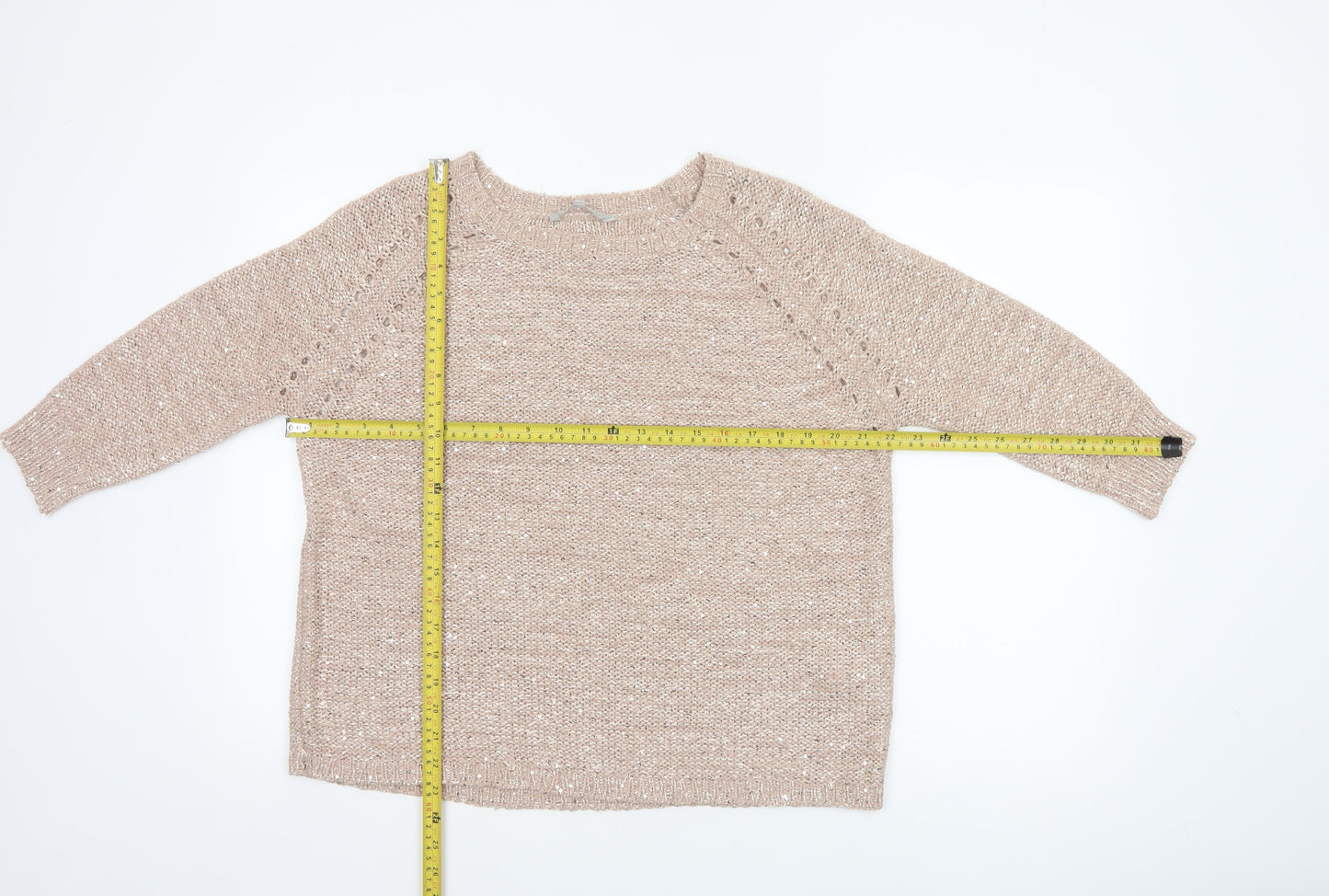 Pebble Bay Women’s Beige M Sequin Open-Knit 3/4 Sleeve Jumper