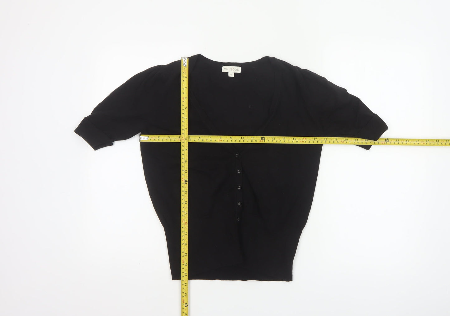 Monsoon Women Black M V-Neck 3/4 Sleeve Button Knit Cardigan