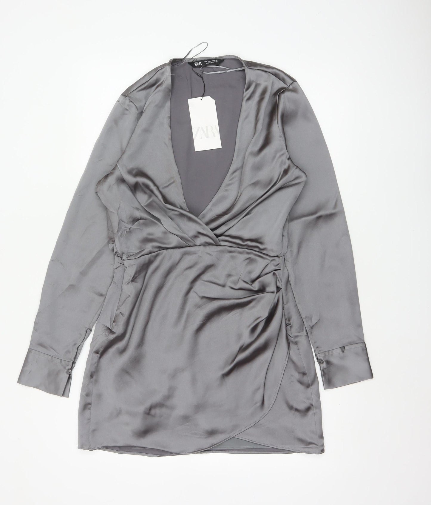 Zara Women Grey M Satin Wrap Mini Dress Long Sleeve V-Neck Party