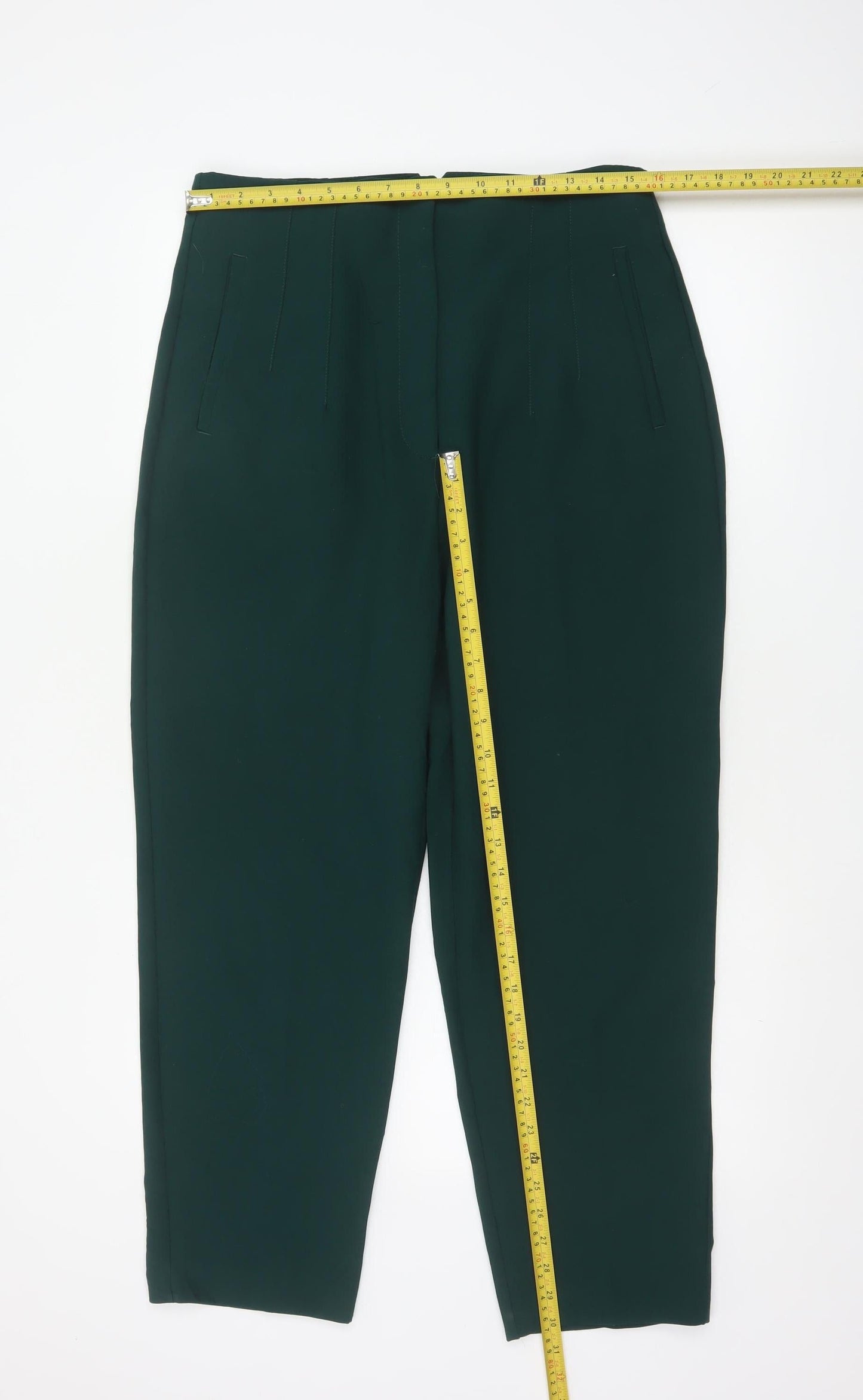 Zara Women Green XL High Rise Tapered Tailored Trousers Pockets
