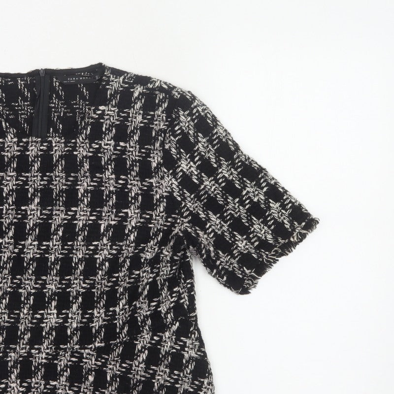 Zara Women Black Check Tweed Fringe Short Sleeve Blouse Size L