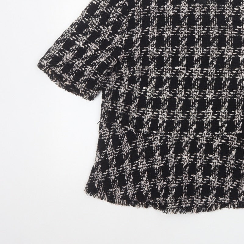 Zara Women Black Check Tweed Fringe Short Sleeve Blouse Size L