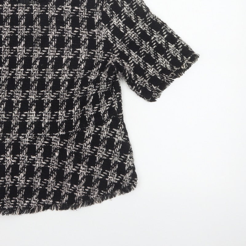 Zara Women Black Check Tweed Fringe Short Sleeve Blouse Size L