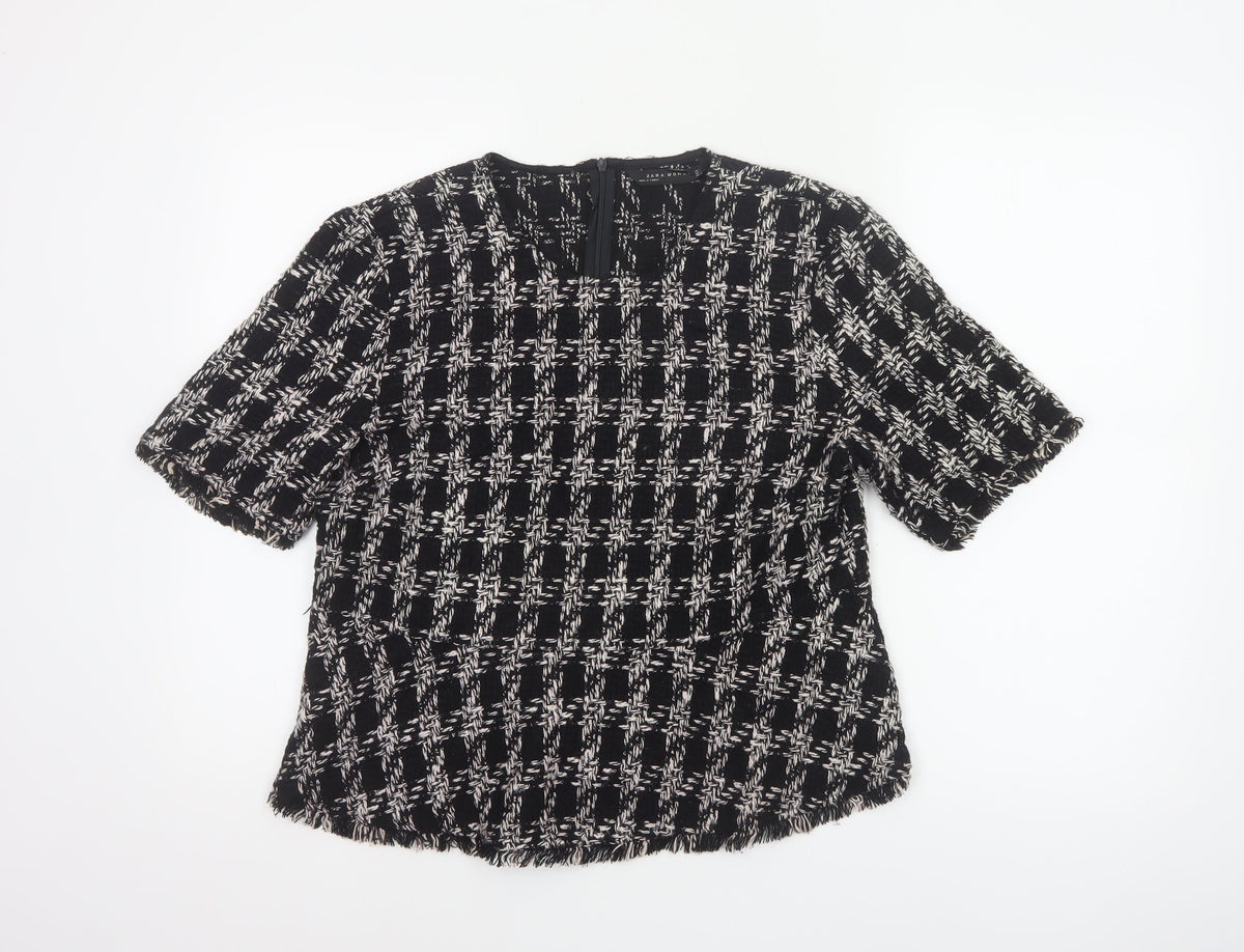 Zara Women Black Check Tweed Fringe Short Sleeve Blouse Size L