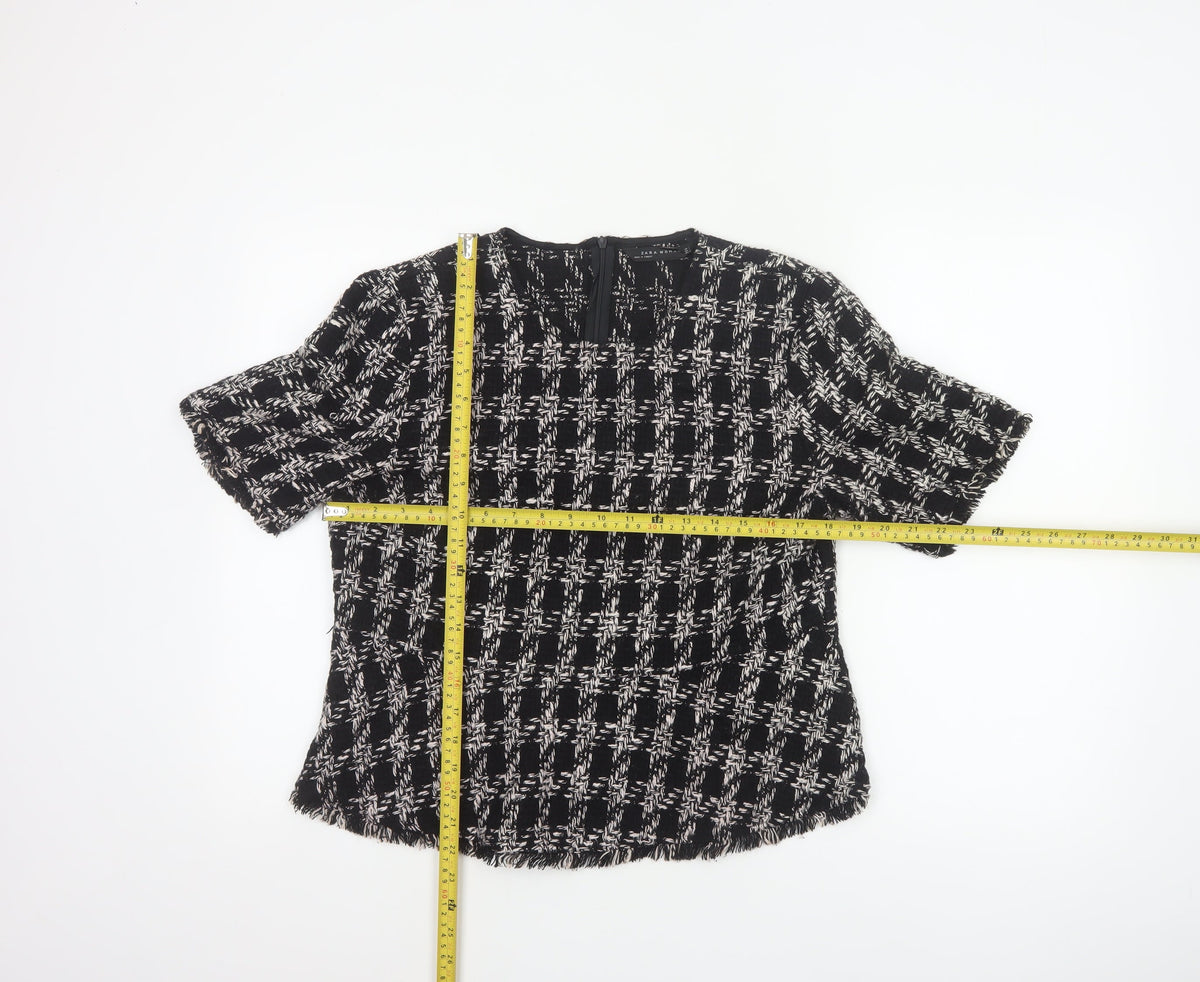 Zara Women Black Check Tweed Fringe Short Sleeve Blouse Size L