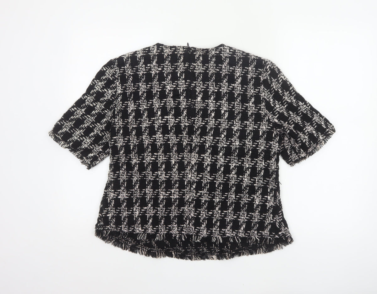 Zara Women Black Check Tweed Fringe Short Sleeve Blouse Size L
