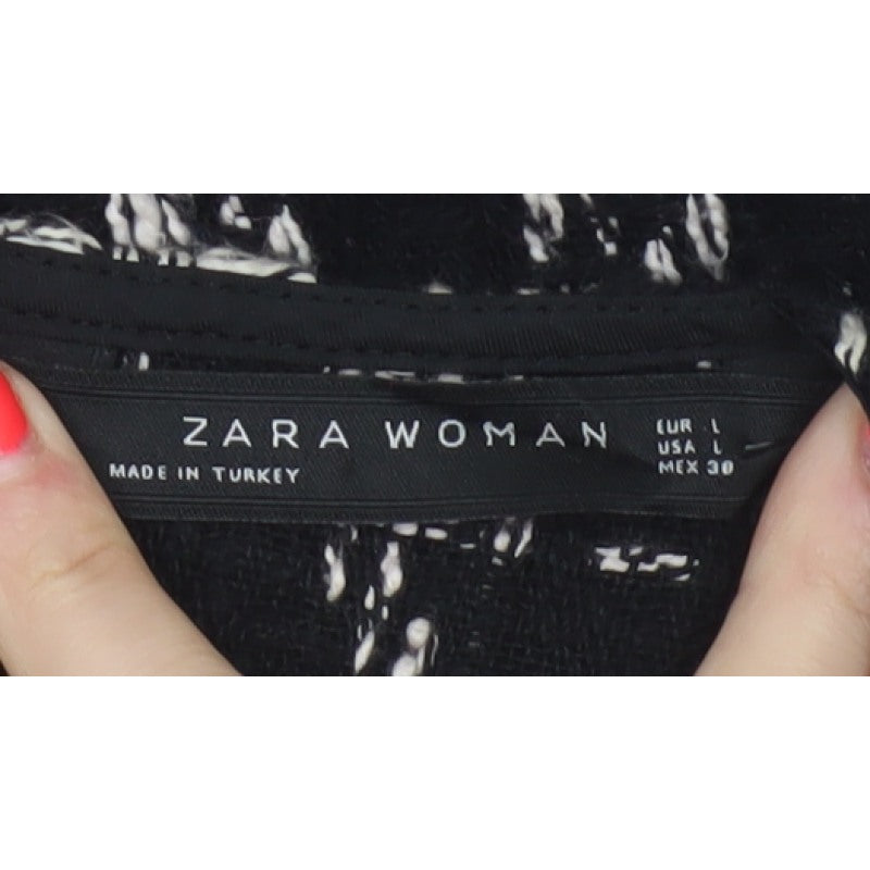 Zara Women Black Check Tweed Fringe Short Sleeve Blouse Size L