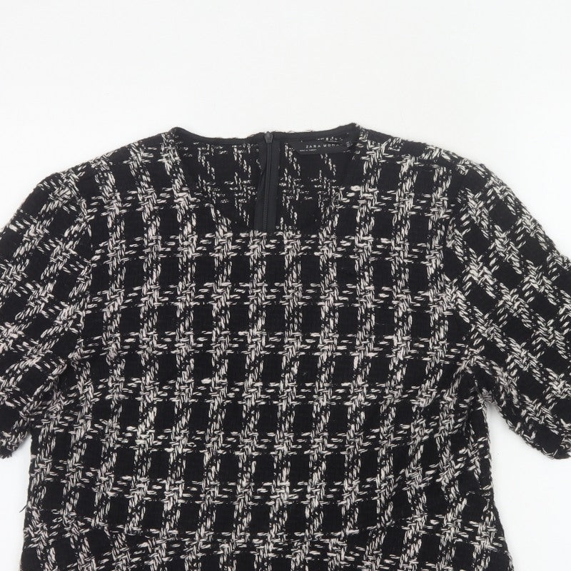 Zara Women Black Check Tweed Fringe Short Sleeve Blouse Size L