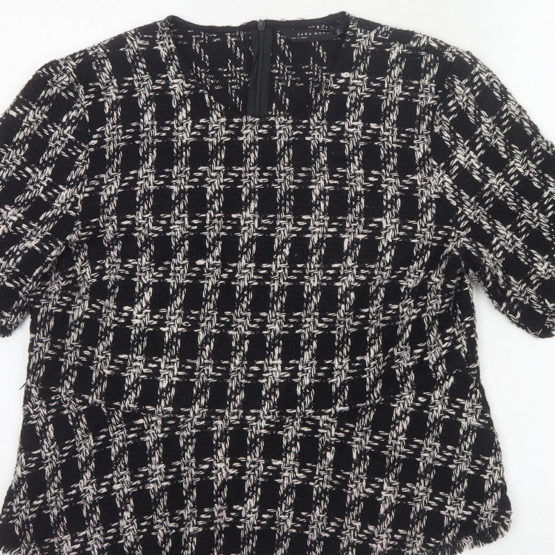 Zara Women Black Check Tweed Fringe Short Sleeve Blouse Size L