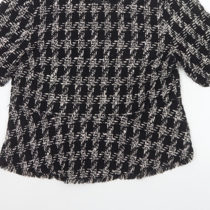 Zara Women Black Check Tweed Fringe Short Sleeve Blouse Size L