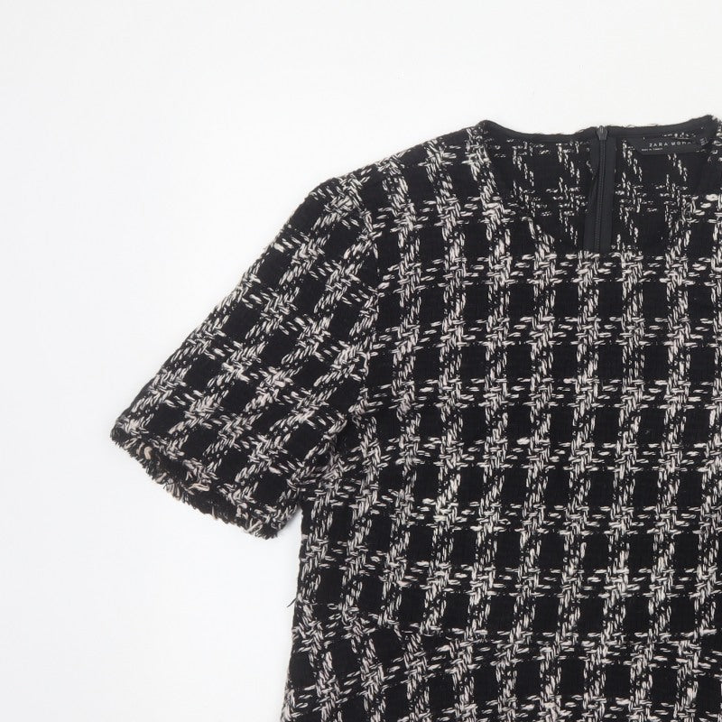 Zara Women Black Check Tweed Fringe Short Sleeve Blouse Size L