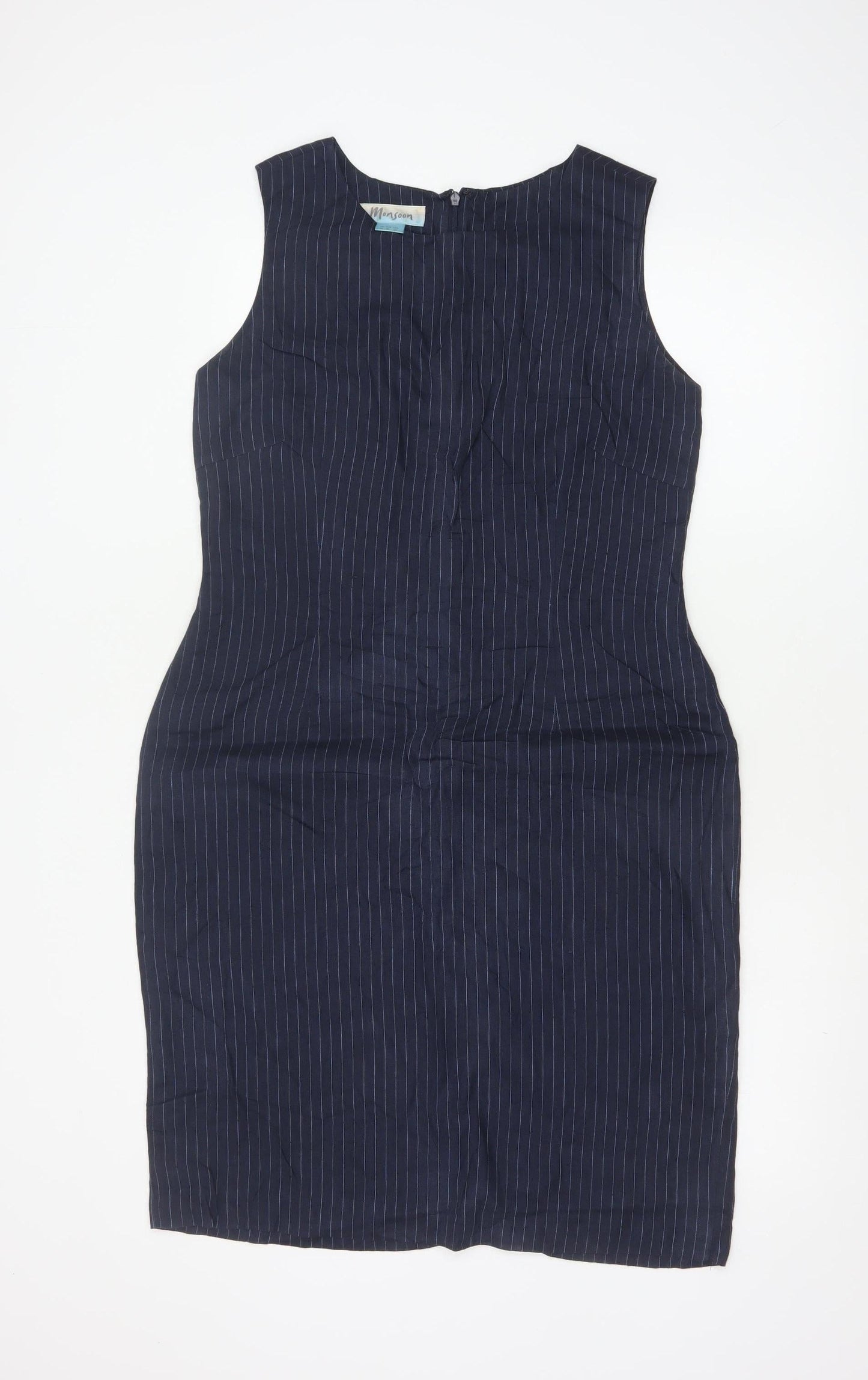 Monsoon Women Blue Pinstripe Linen Pencil Dress UK 14 Workwear