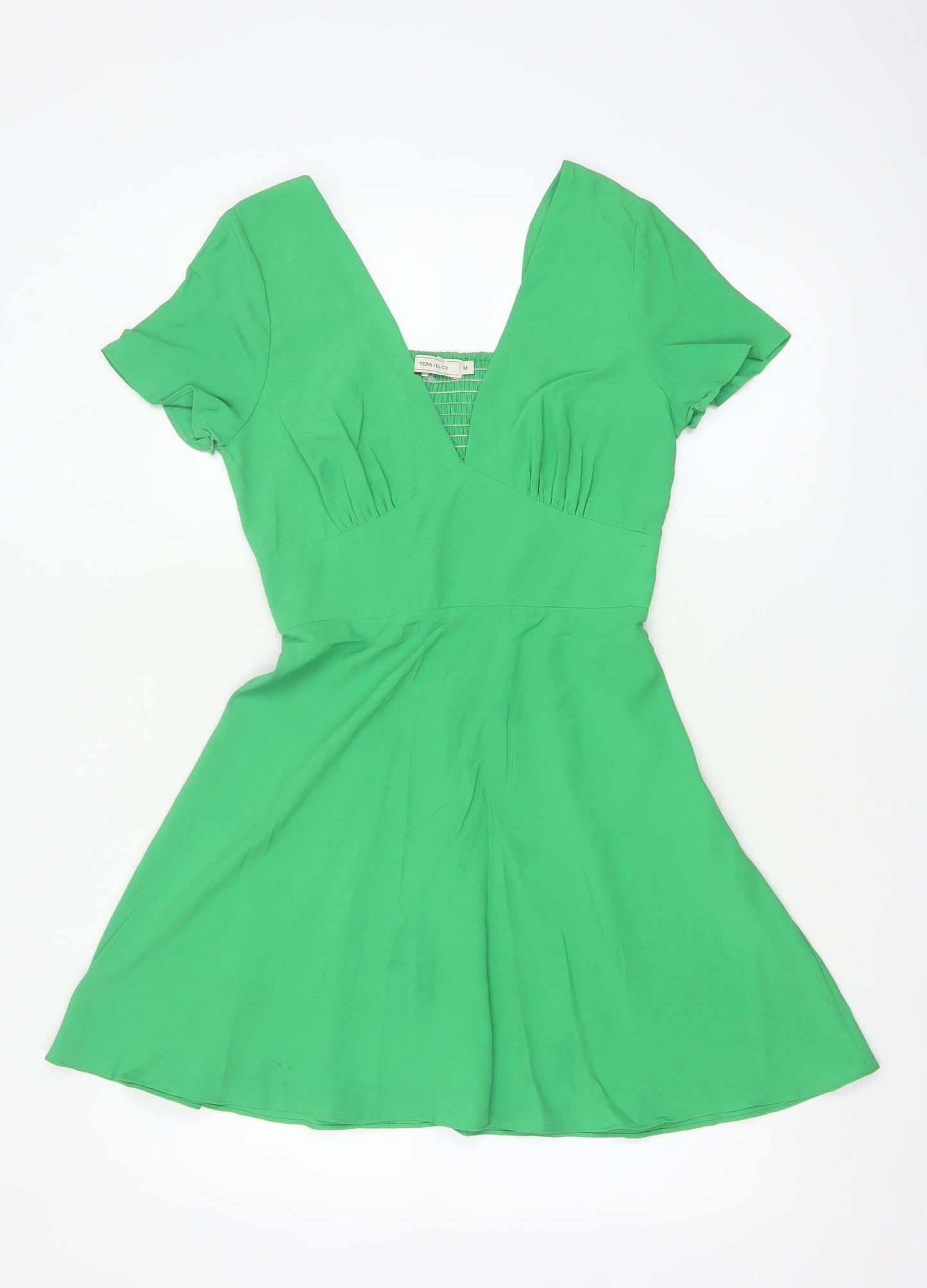 Vera & Lucy Women Green M Fit & Flare V-Neck Flutter Sleeve Dress