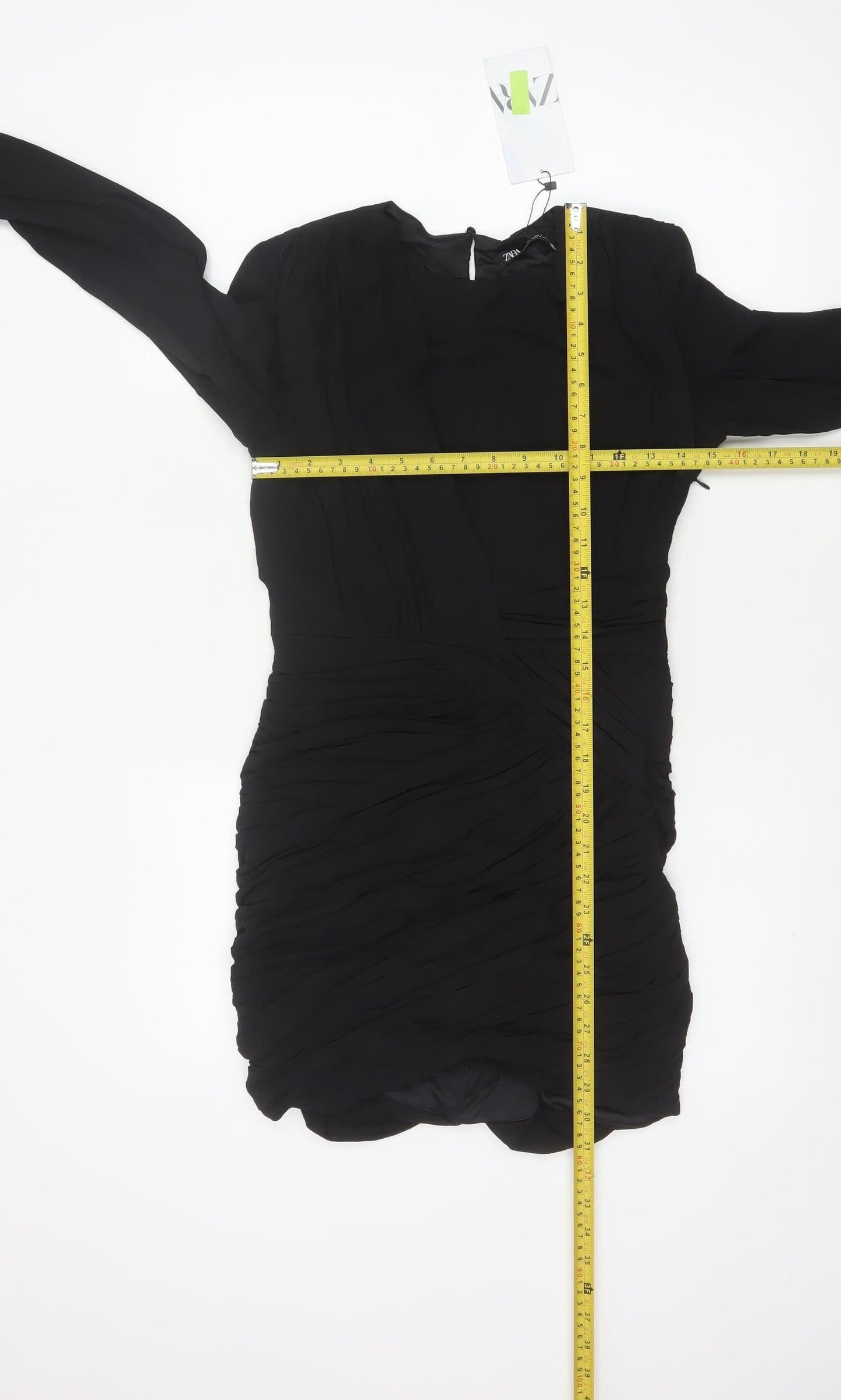Zara Women Black S Ruched Bodycon Mini Dress Balloon Sleeves