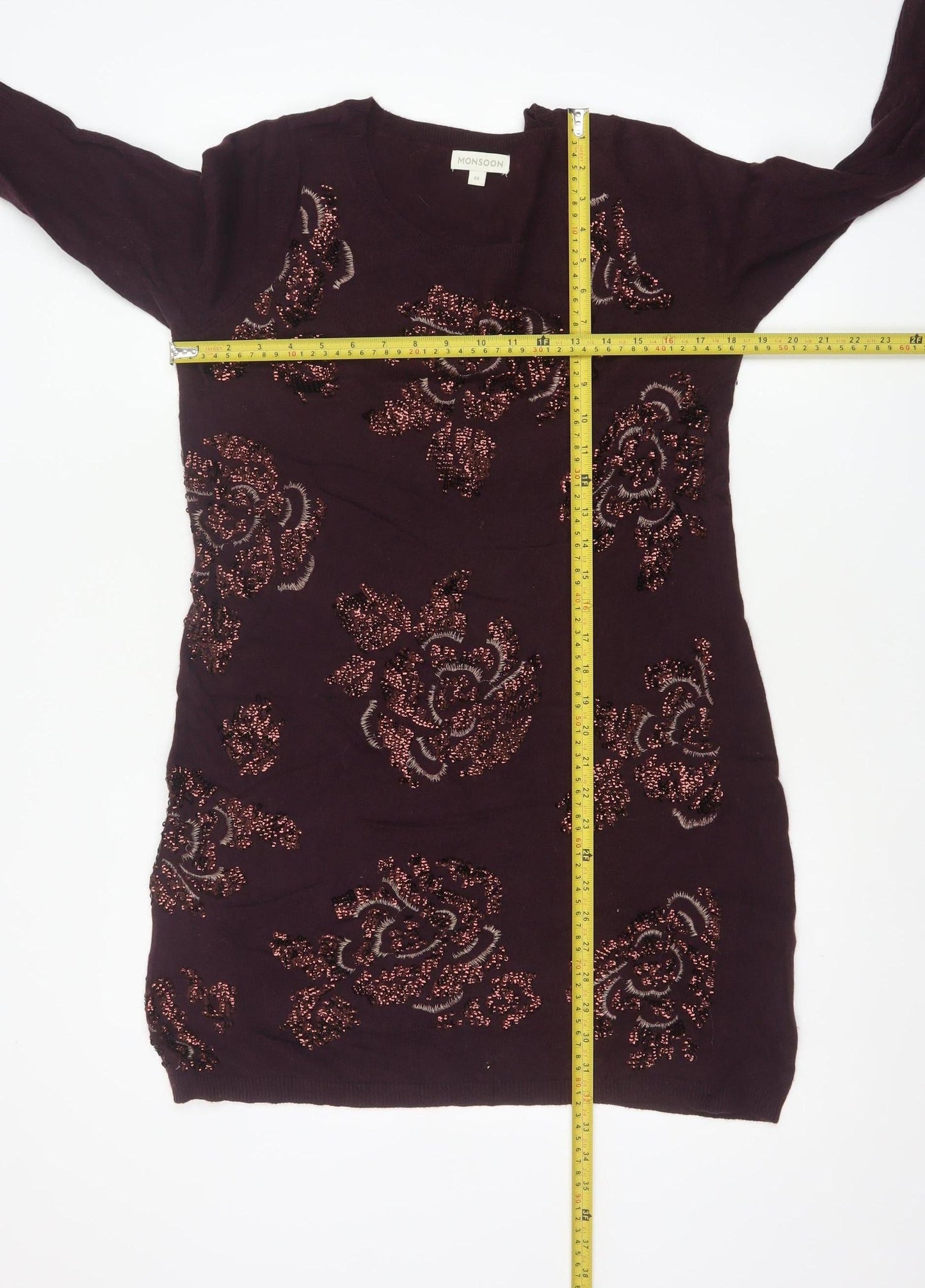Monsoon Women Brown M Floral Beaded Embroidered Knit Tunic Jumper