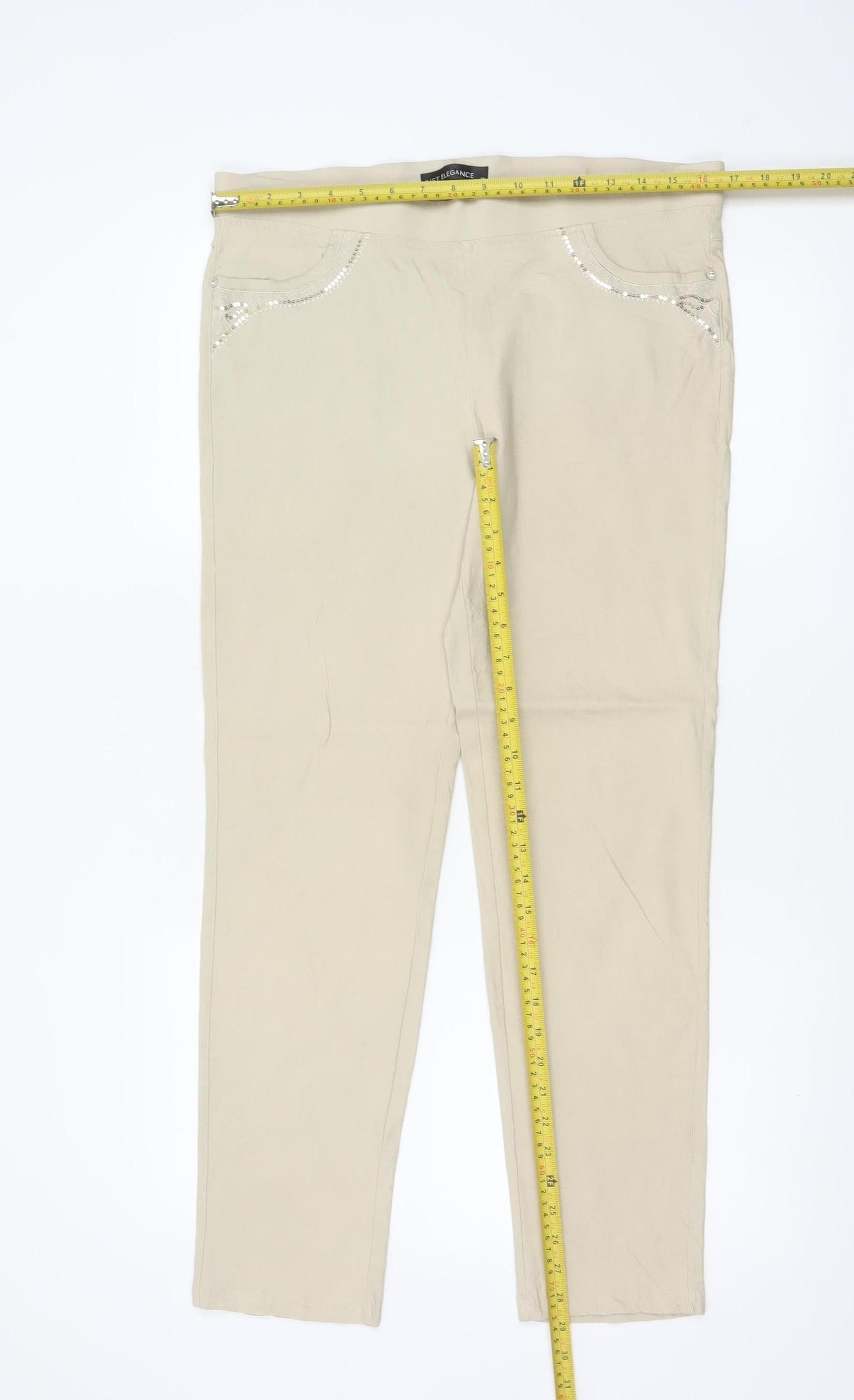 Just Elegance Women's Beige Size 18 Stretch Straight Trousers Rhinestone