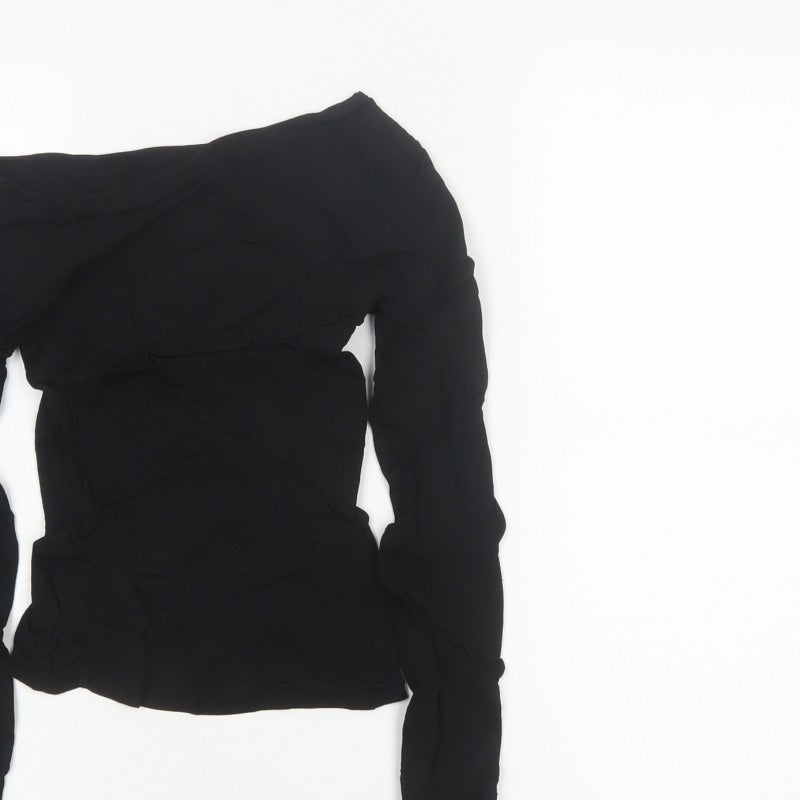 Funn-J Women Black XS Off Shoulder Ruffle Knit Long Sleeve Blouse