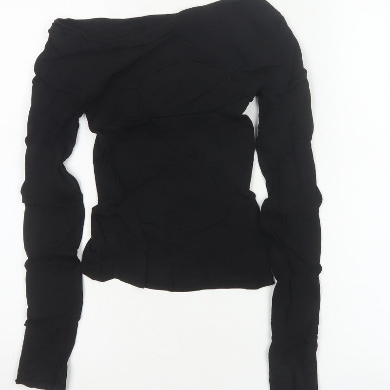 Funn-J Women Black XS Off Shoulder Ruffle Knit Long Sleeve Blouse
