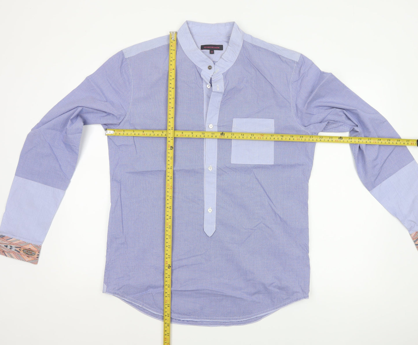 Matthew Williamson Men’s Blue Check Cotton Shirt Size 38 Aztec Trim