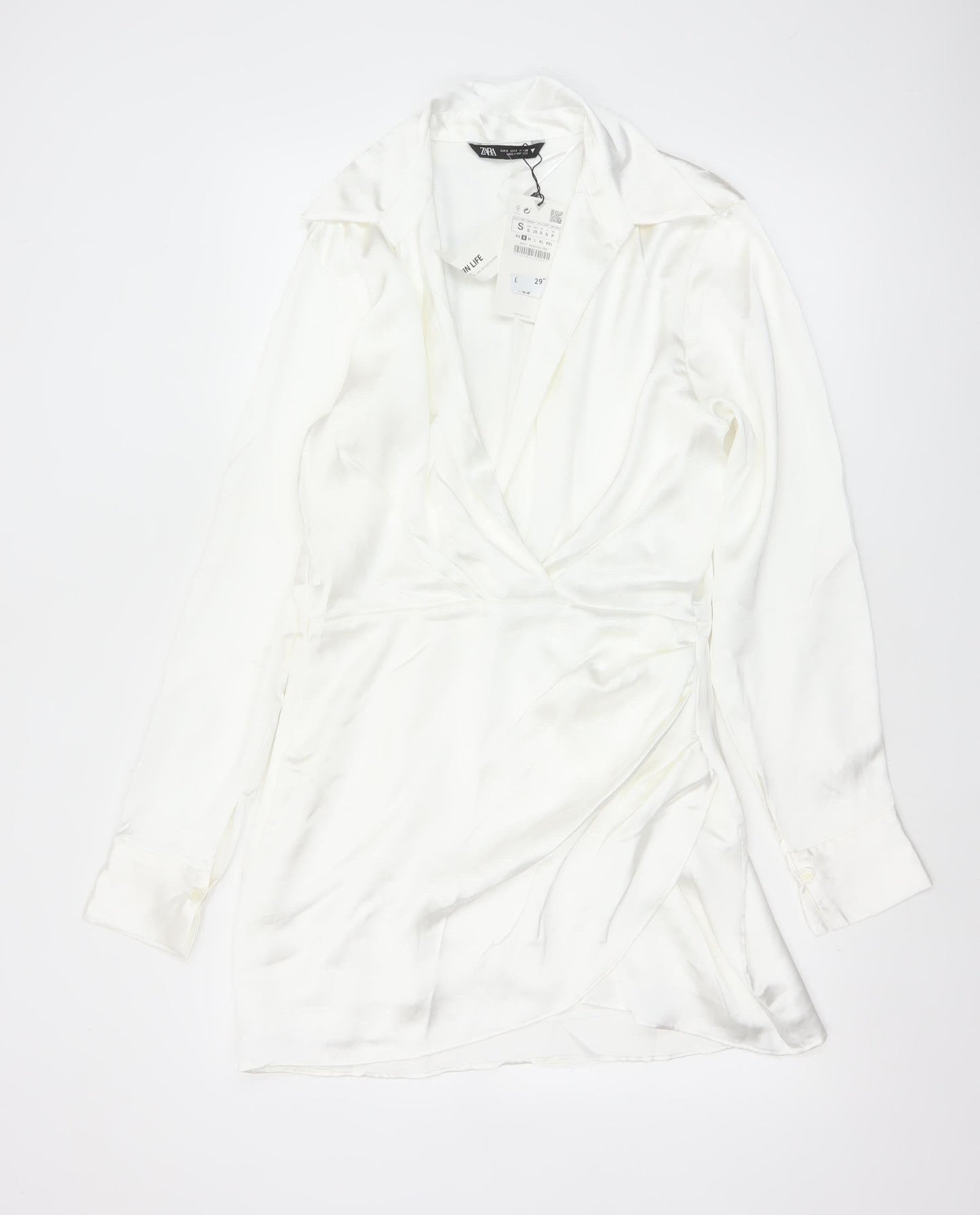 Zara Women White S Wrap Dress Collared Long Sleeve