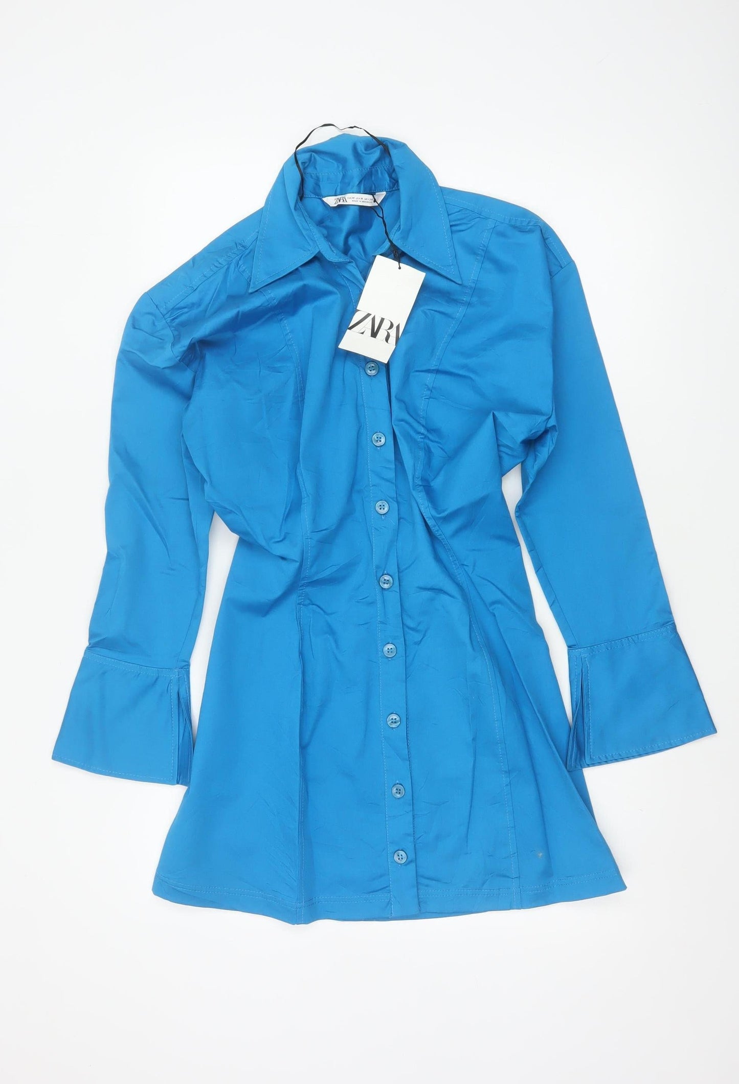 Zara Women Blue M Shirt Dress Collared Button Front Flared Cuff NWT