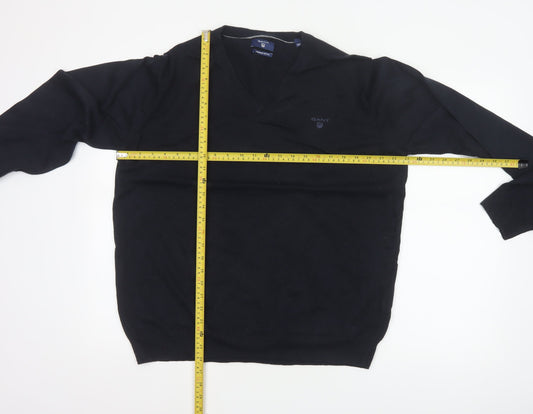 GANT Men’s Black XL Cotton V-Neck Logo Pullover Jumper