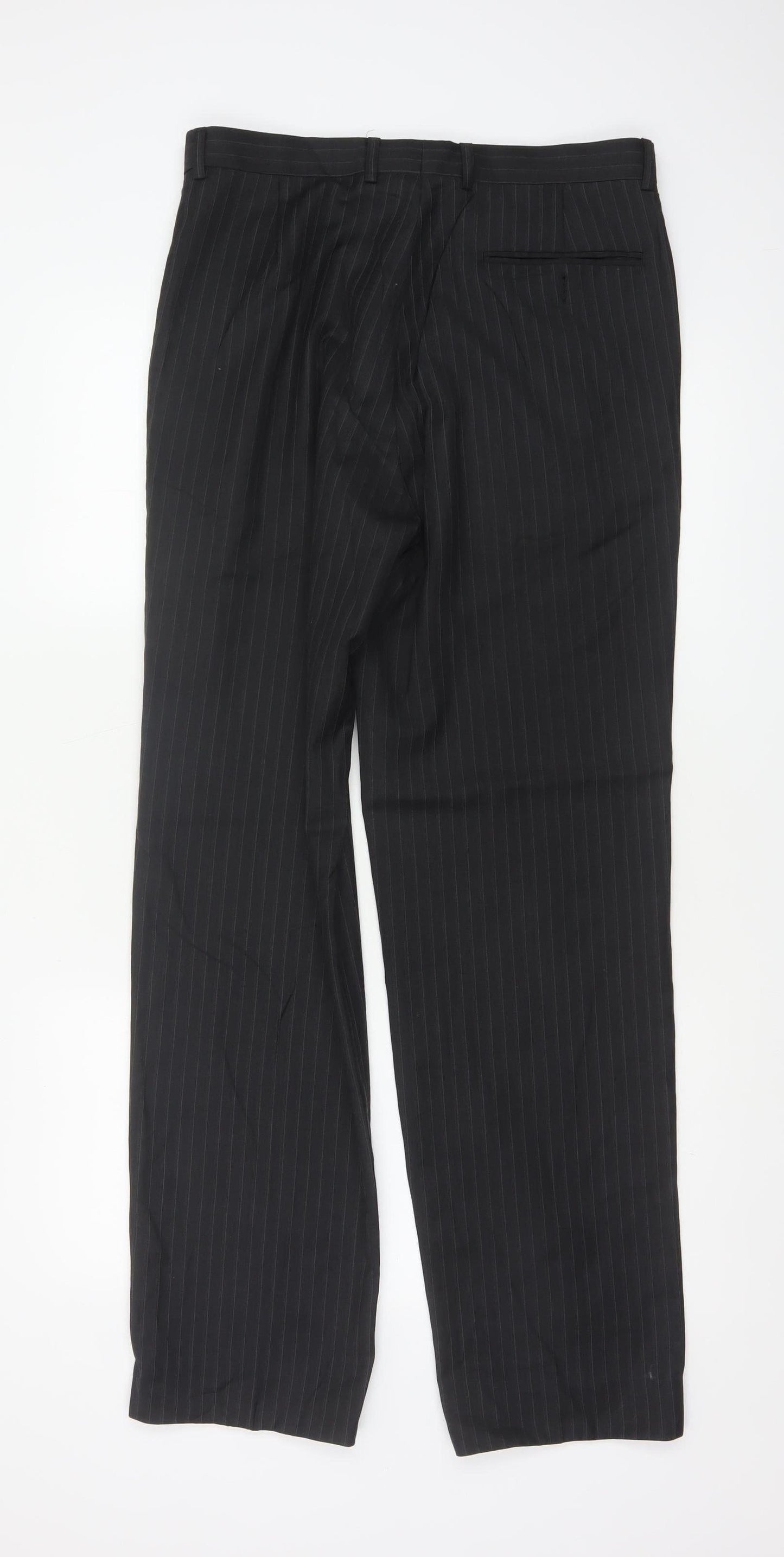 Marks & Spencer Men’s Black Pinstripe Wool Blend 32in 33in Dress Trousers