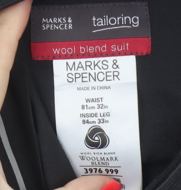 Marks & Spencer Men’s Black Pinstripe Wool Blend 32in 33in Dress Trousers