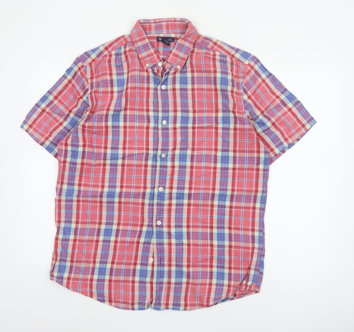 Back view of Gap Men's Multicoloured Plaid Slim Fit Short Sleeve Button-Up Shirt L
